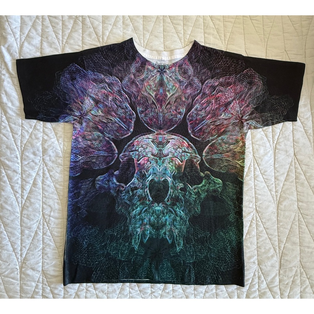 RaveNectar T-Shirt Mens Small Black Excellent Psychedelic Skull All Over Print